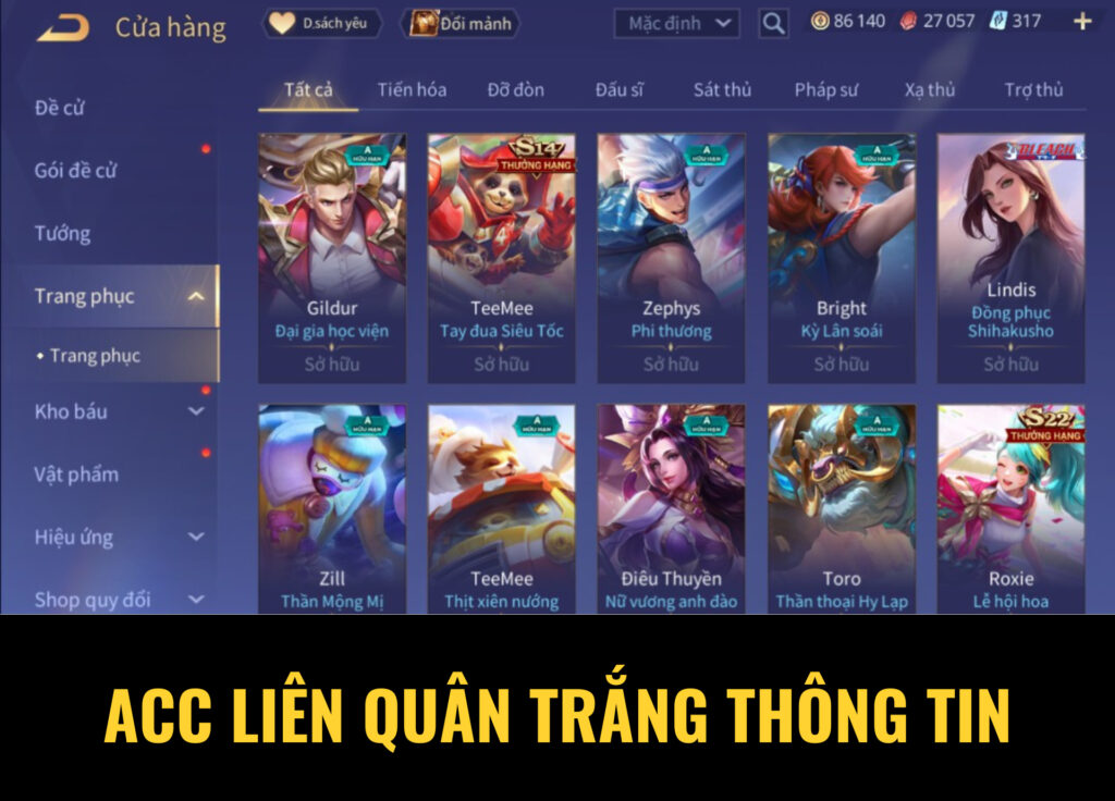 cho acc liên quân trắng thông tin