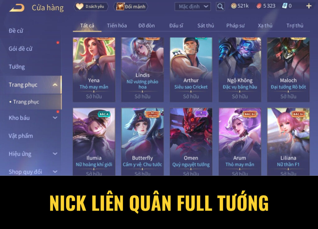 nick liên quân full tướng